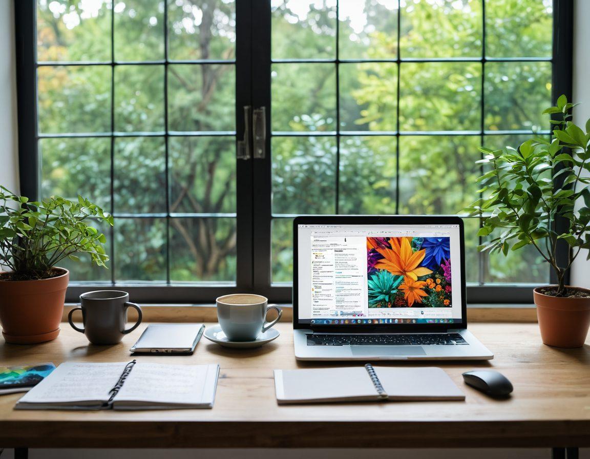 A modern workspace featuring a laptop open to a colorful web development interface, surrounded by notebooks and a cozy cup of coffee. In the background, a large window shows a serene garden, symbolizing mindful blogging, with soft natural light streaming in. Elements like code snippets and blogging tools subtly blend into the scene, illustrating technology and mindfulness in harmony. vibrant colors. super-realistic.