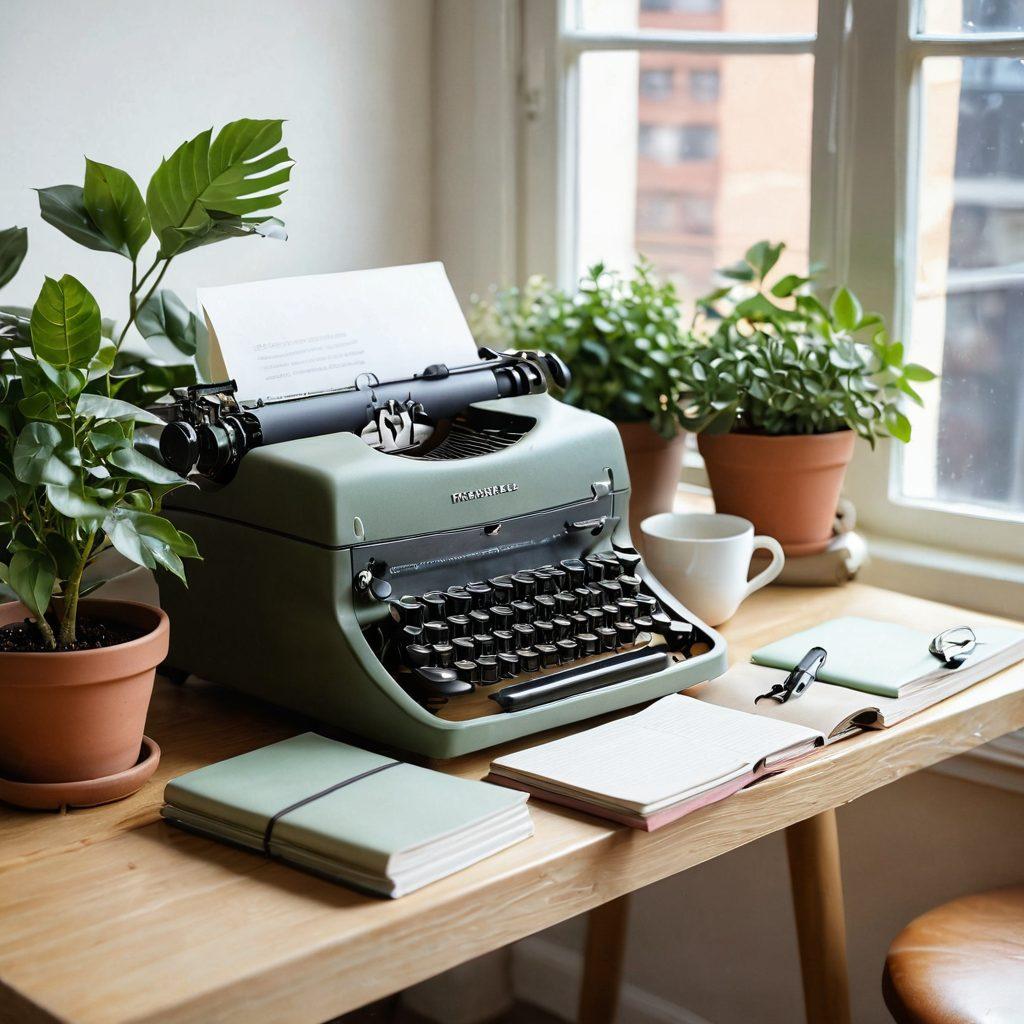 A serene workspace featuring a soft, inviting desk with a vintage typewriter, surrounded by notebooks and potted plants, symbolizing mindfulness and creativity. A warm sunlight filters through a window, casting gentle shadows, inspiring content creation. Include a cup of calming herbal tea to suggest a peaceful blogging atmosphere. pastel colors. soft focus. cozy aesthetic.