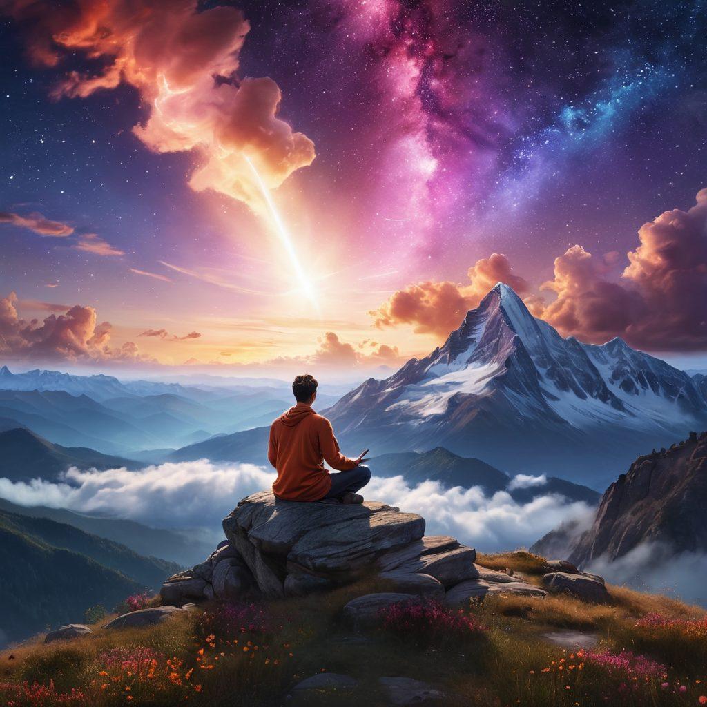 A serene scene depicting a person meditating on a mountain peak, with a luminous digital quill hovering above them, symbolizing the fusion of spirituality and online writing. The background features a cosmic sky filled with stars and soft, ethereal clouds, representing the vastness of thoughts and creativity. The scene is illuminated with warm, inviting colors, emphasizing tranquility and inspiration. vibrant colors. super-realistic. ethereal.